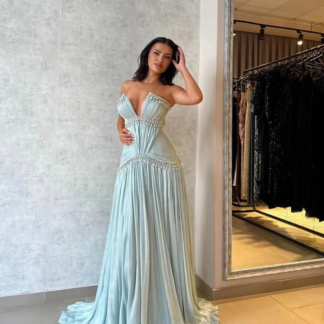 Customized Strapless Pleated Rhinestones Prom Dress A-line Sleeveless Floor-Length Evening Dresses