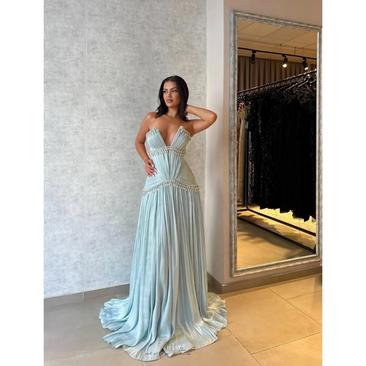 Customized Strapless Pleated Rhinestones Prom Dress A-line Sleeveless Floor-Length Evening Dresses