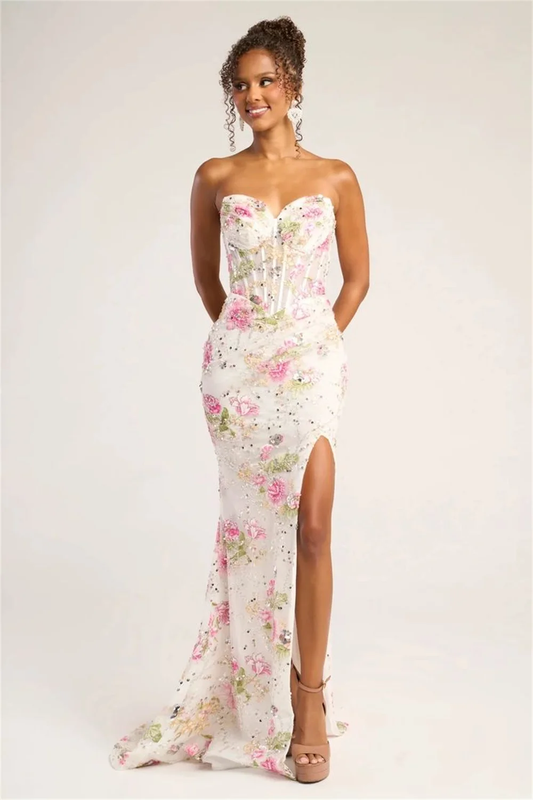 Customized White Strapless Shiny Flowers Prom Dress Side Slit Mermaid Lace-up Back Floor-Length Formal