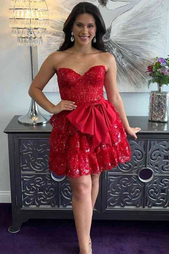 Cute A-Line Strapless Ruffle Appliques Short Homecoming Dress with Bowknot