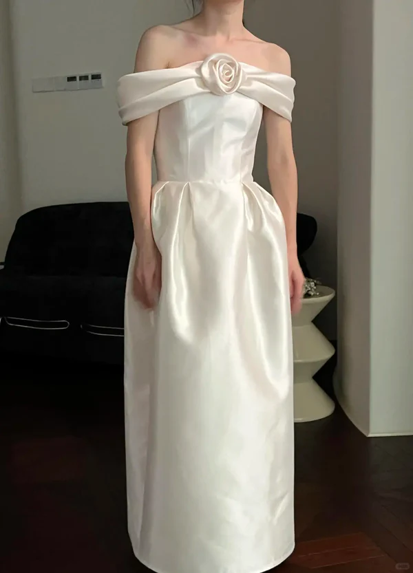 Cute A Line Off the Shoulder White Rose Satin Wedding Dress