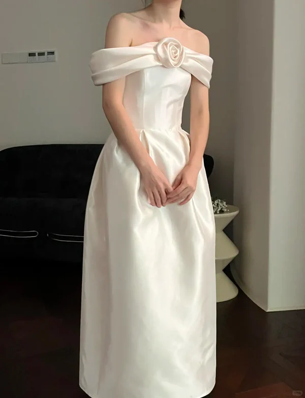 Cute A Line Off the Shoulder White Rose Satin Wedding Dress
