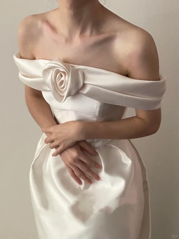 Cute A Line Off the Shoulder White Rose Satin Wedding Dress