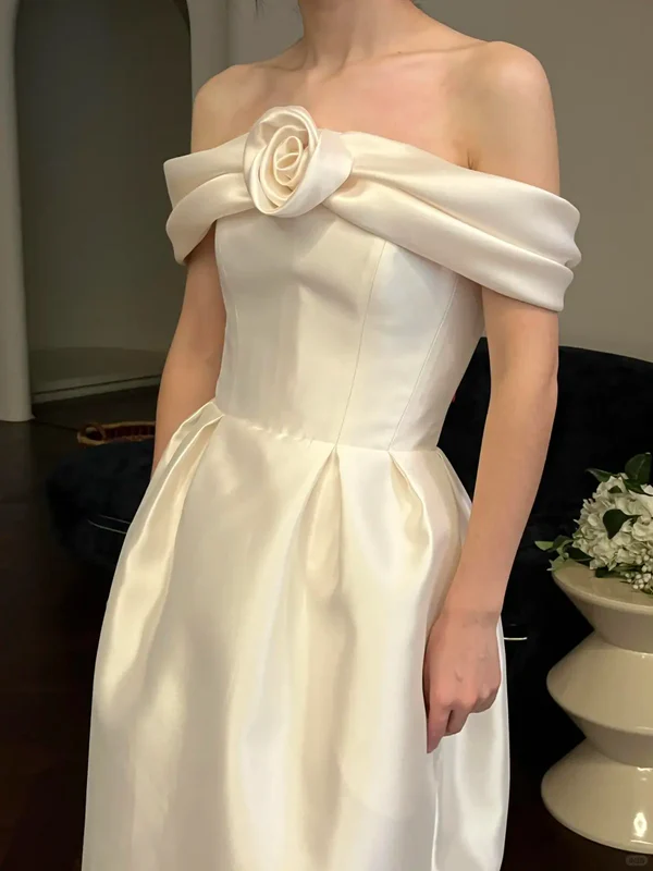 Cute A Line Off the Shoulder White Rose Satin Wedding Dress