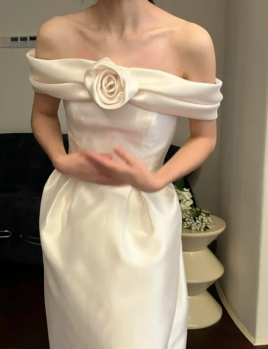 Cute A Line Off the Shoulder White Rose Satin Wedding Dress