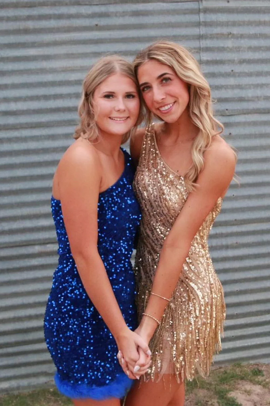 Cute Bodycon One Shoulder Gold Sequins Short Homecoming Dresses with Beading