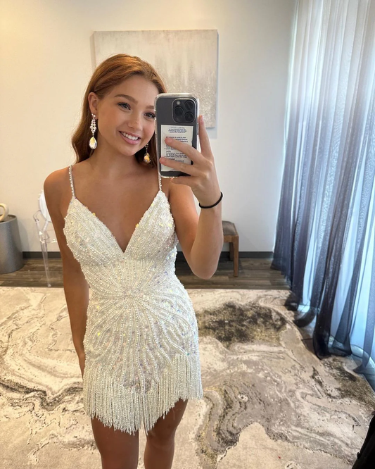 Cute Bodycon V Neck White Sequins Homecoming Dress with Peals