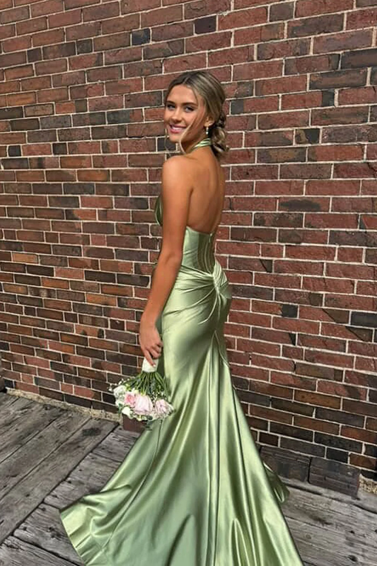 Cute Mermaid Halter Saga Green Satin Long Prom Evening Dresses with Slit