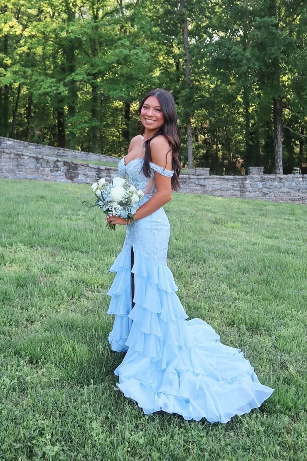 Cute Mermaid Off the Shoulder Light Blue Tiered Prom Dresses with Slit