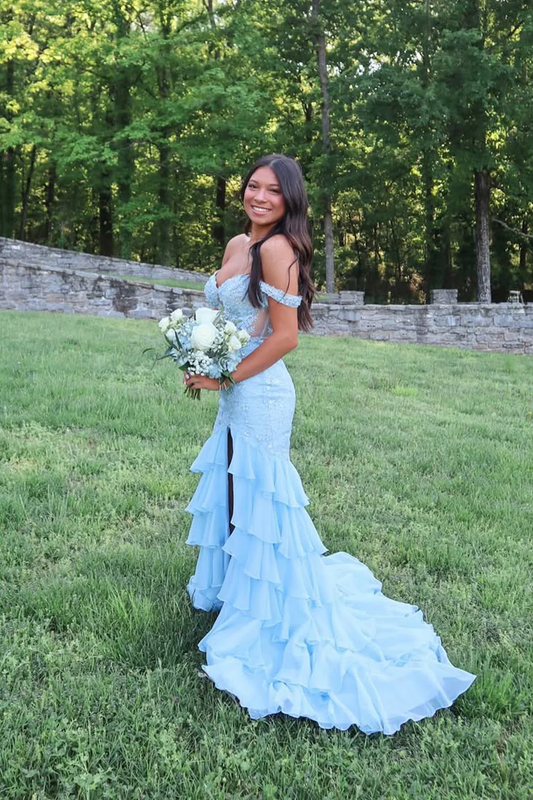 Cute Mermaid Off the Shoulder Light Blue Tiered Prom Dresses with Slit