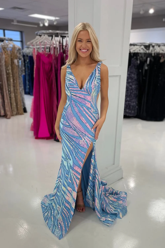 Cute Mermaid V Neck Blue Sequins Lace Slit Prom Dress