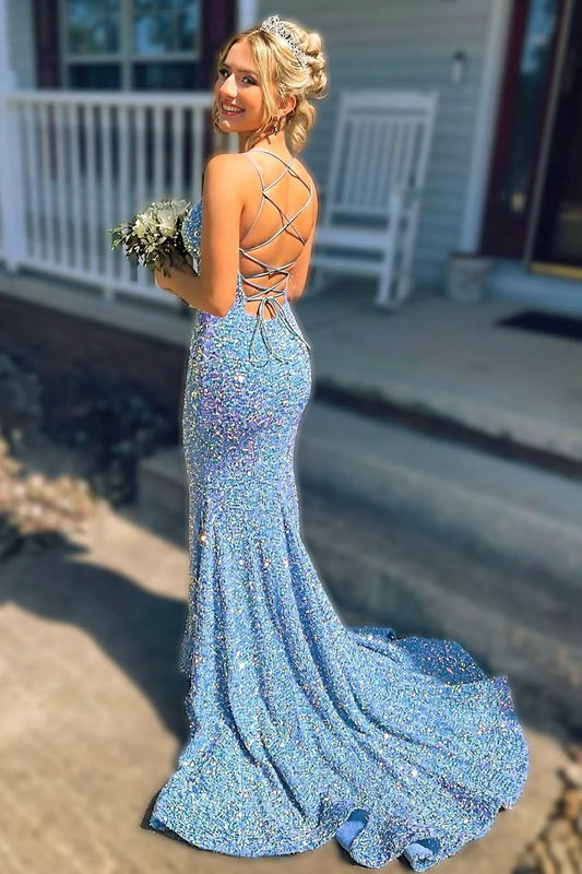 Cute Mermaid V Neck Light Blue Velvet Sequins Prom Evening Dresses with Cross Back
