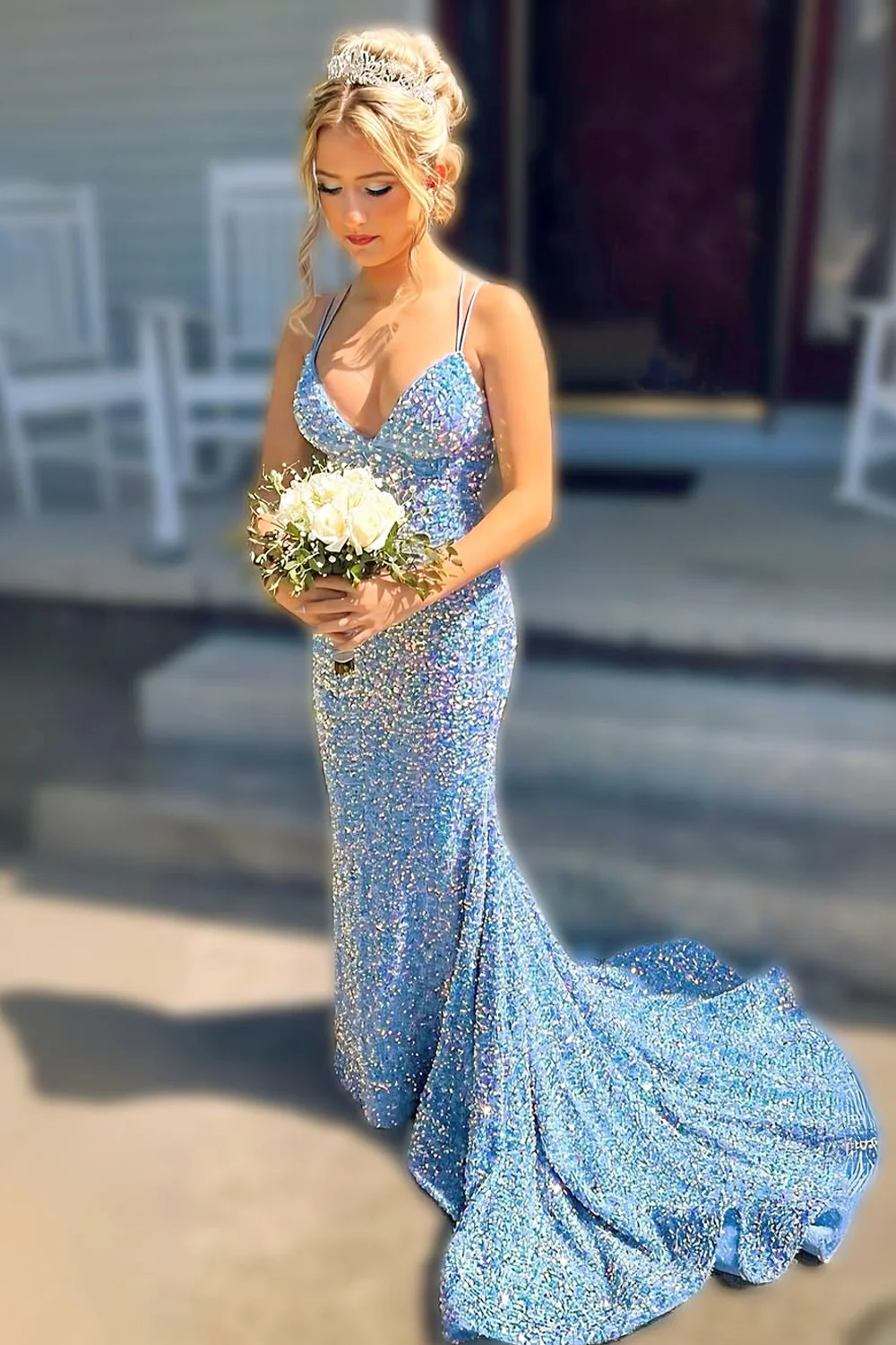 Cute Mermaid V Neck Light Blue Velvet Sequins Prom Evening Dresses with Cross Back