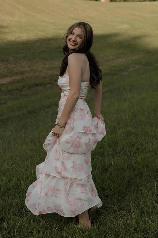 Cute Pink Sweetheart A-Line Print Layered Sleeveless Prom Dress