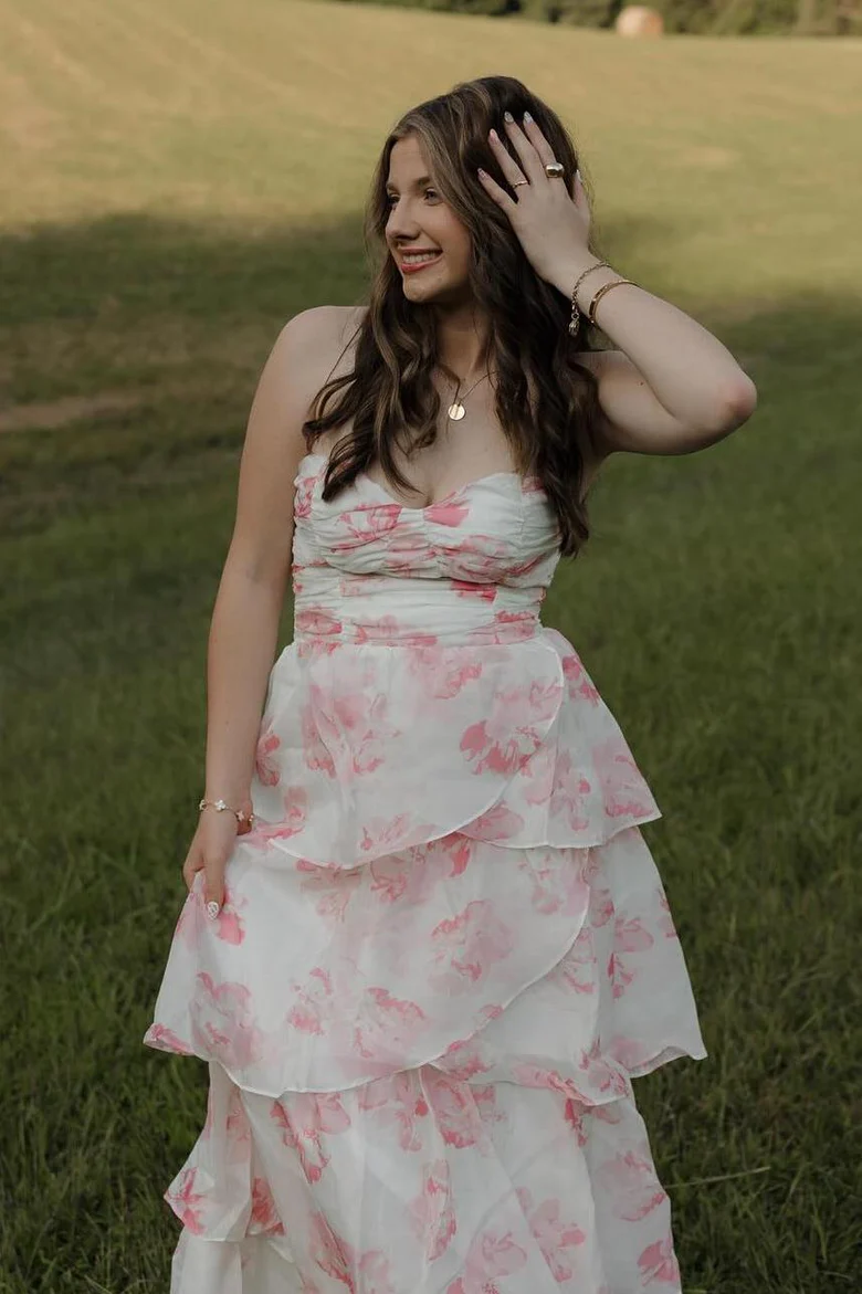 Cute Pink Sweetheart A-Line Print Layered Sleeveless Prom Dress