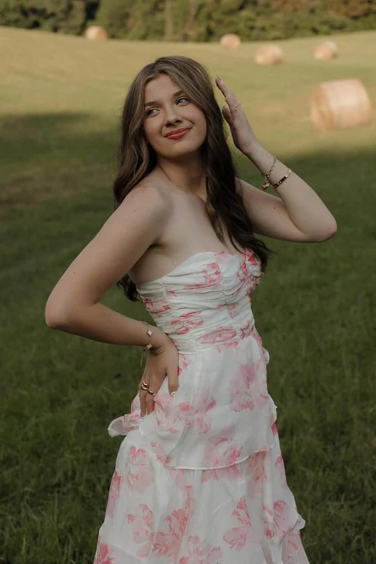 Cute Pink Sweetheart A-Line Print Layered Sleeveless Prom Dress