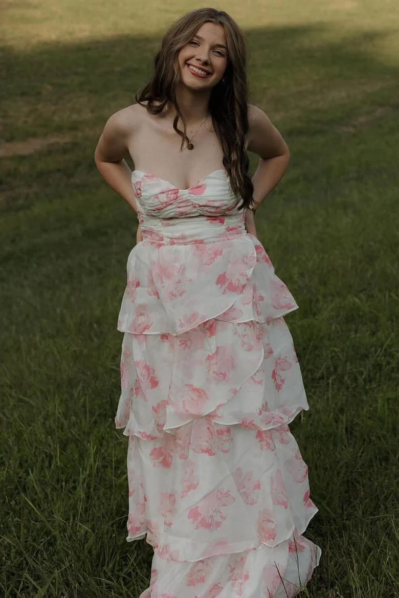 Cute Pink Sweetheart A-Line Print Layered Sleeveless Prom Dress