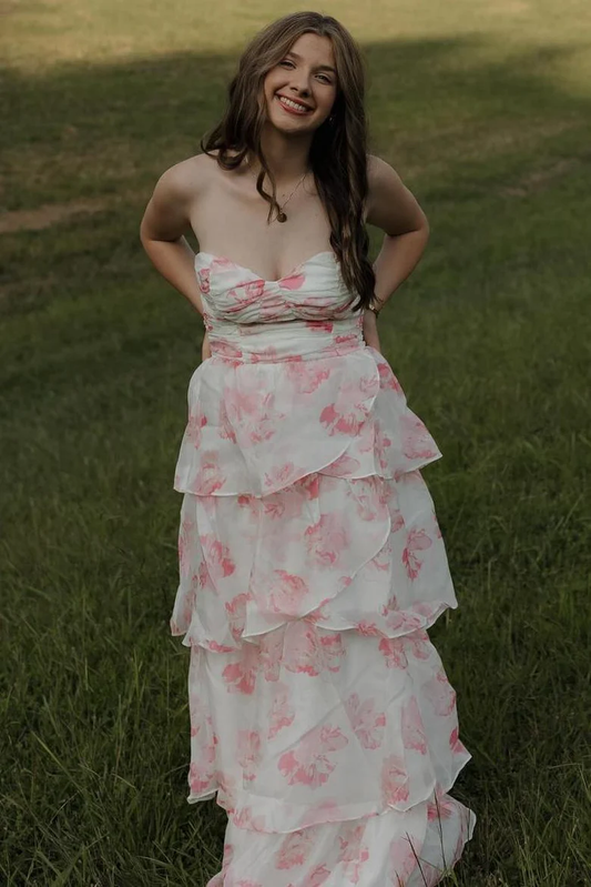 Cute Pink Sweetheart A-Line Print Layered Sleeveless Prom Dress