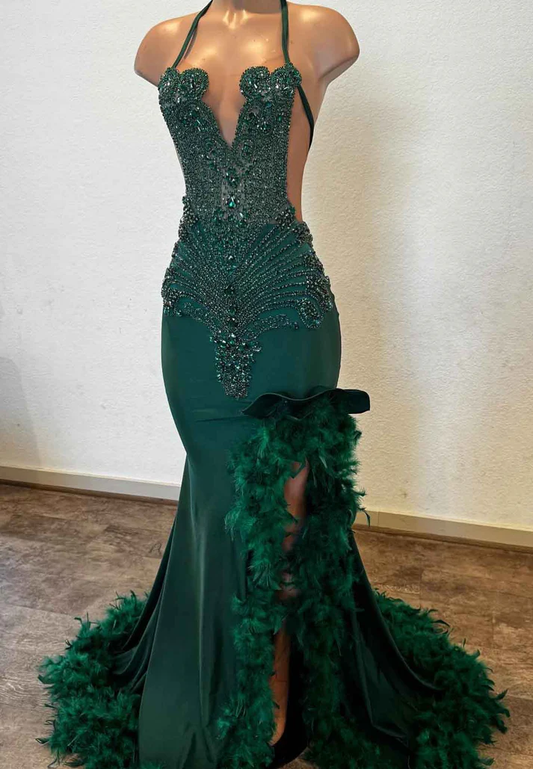 Deep V-Neck Halter Beaded Feathered Sheath Prom Dress for Black Girls