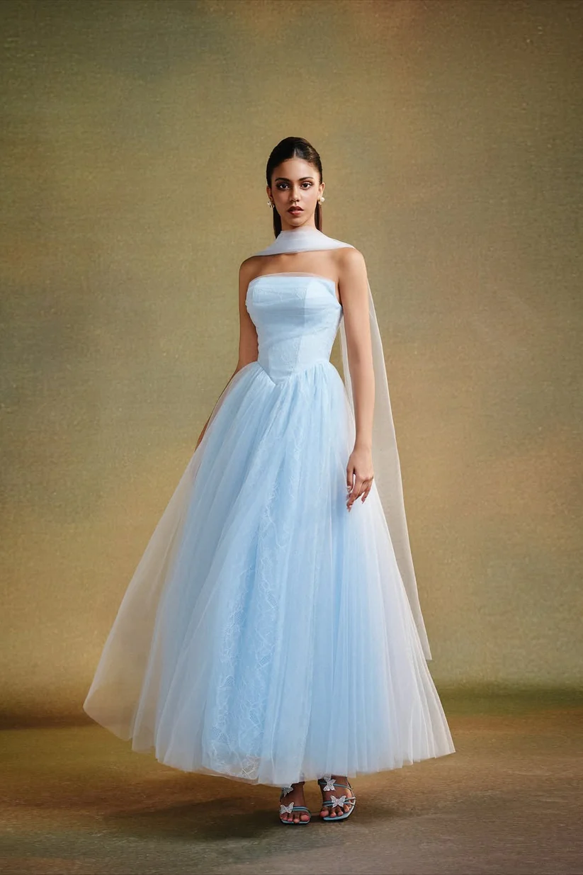 Dreamy Sky Blue Strapless Sleeveless Tulle Prom Dresses A-Line With Pleats