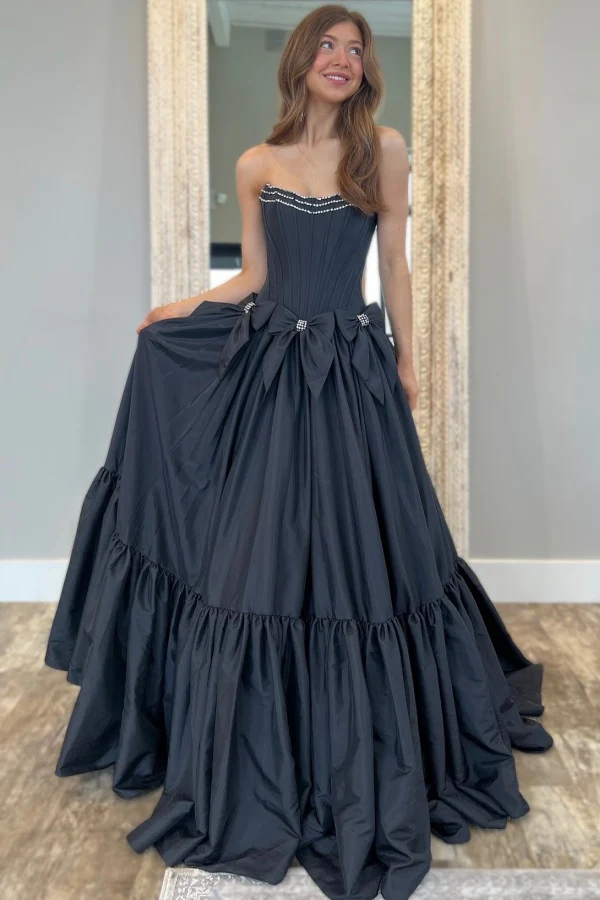 Elegant A-Line Boat Neck Sleeveless Pleated Beaded Bow Knot Floor Length Prom Dress Evening Gown Cocktail Dress Formal Dress