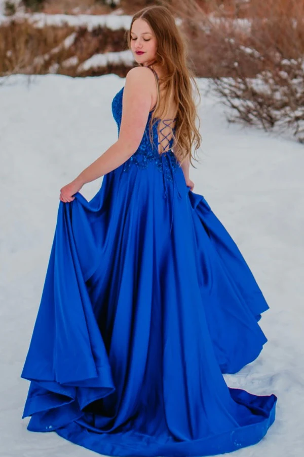 Elegant A-Line V Neck Spaghetti Straps Sleeveless Fully Beaded Appliques Lace Up Floor Length High Side Slit and Train Evening Formal Gown Prom Party Dress