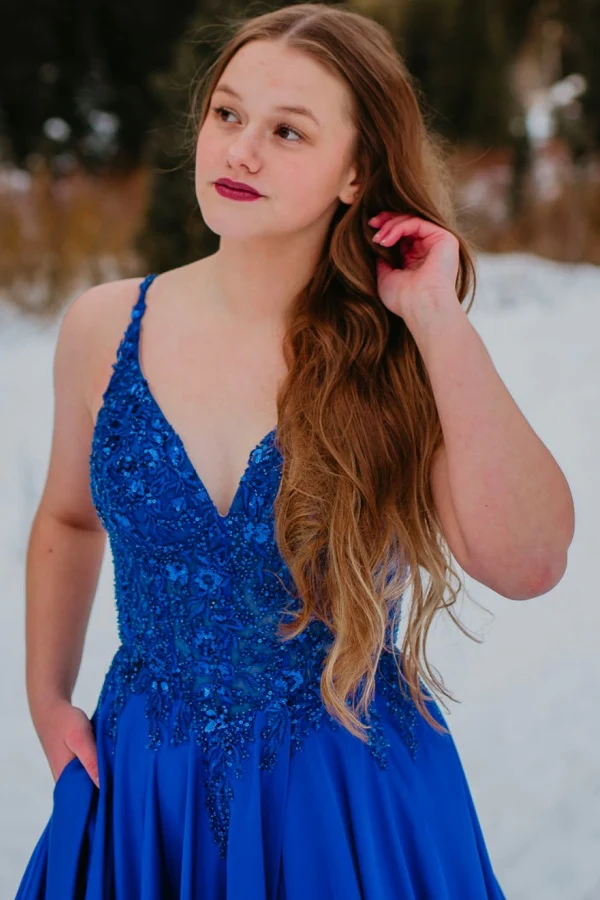 Elegant A-Line V Neck Spaghetti Straps Sleeveless Fully Beaded Appliques Lace Up Floor Length High Side Slit and Train Evening Formal Gown Prom Party Dress