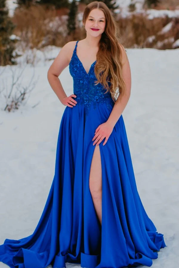 Elegant A-Line V Neck Spaghetti Straps Sleeveless Fully Beaded Appliques Lace Up Floor Length High Side Slit and Train Evening Formal Gown Prom Party Dress