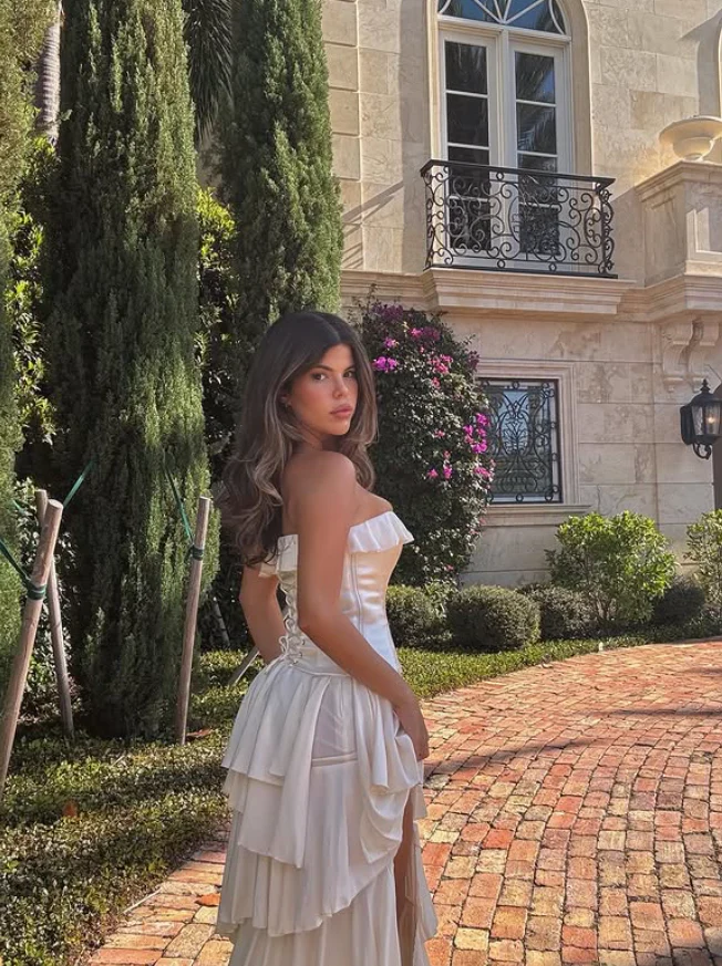 Elegant A Line Strapless White Layered Satin Prom Dress Party Dress with Slit