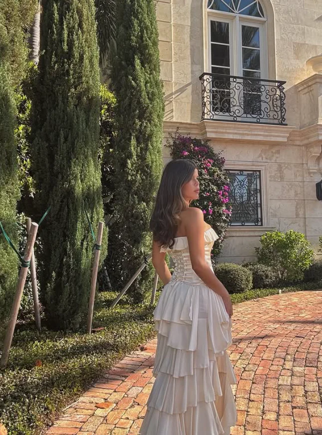 Elegant A Line Strapless White Layered Satin Prom Dress Party Dress with Slit