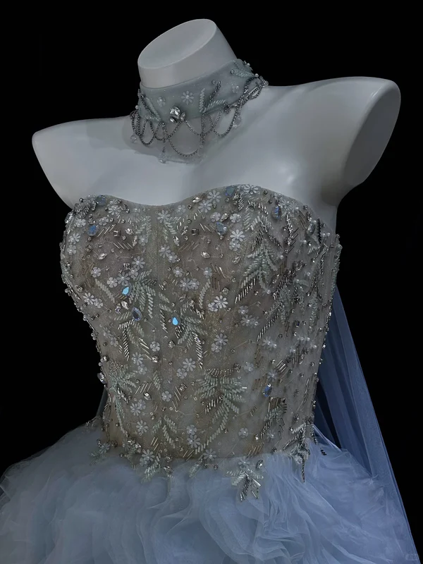 Elegant A Line Sweetheart Neck Beaded Blue Tulle Long Prom Dress Evening Dress