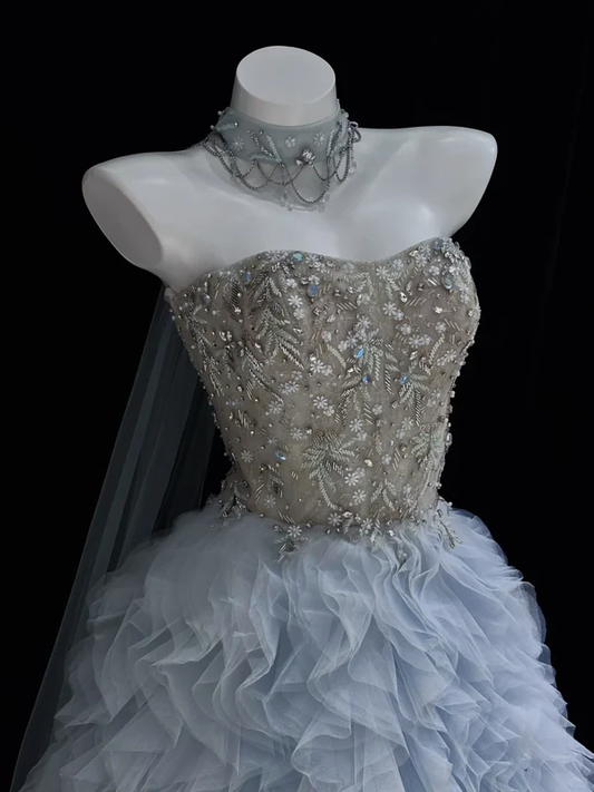 Elegant A Line Sweetheart Neck Beaded Blue Tulle Long Prom Dress Evening Dress