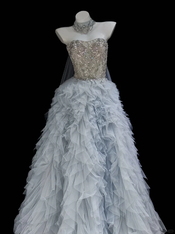 Elegant A Line Sweetheart Neck Beaded Blue Tulle Long Prom Dress Evening Dress