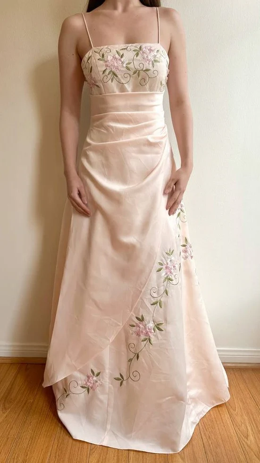 Elegant Champagne Floral Embroidery Long Prom Dresses School Event Dress