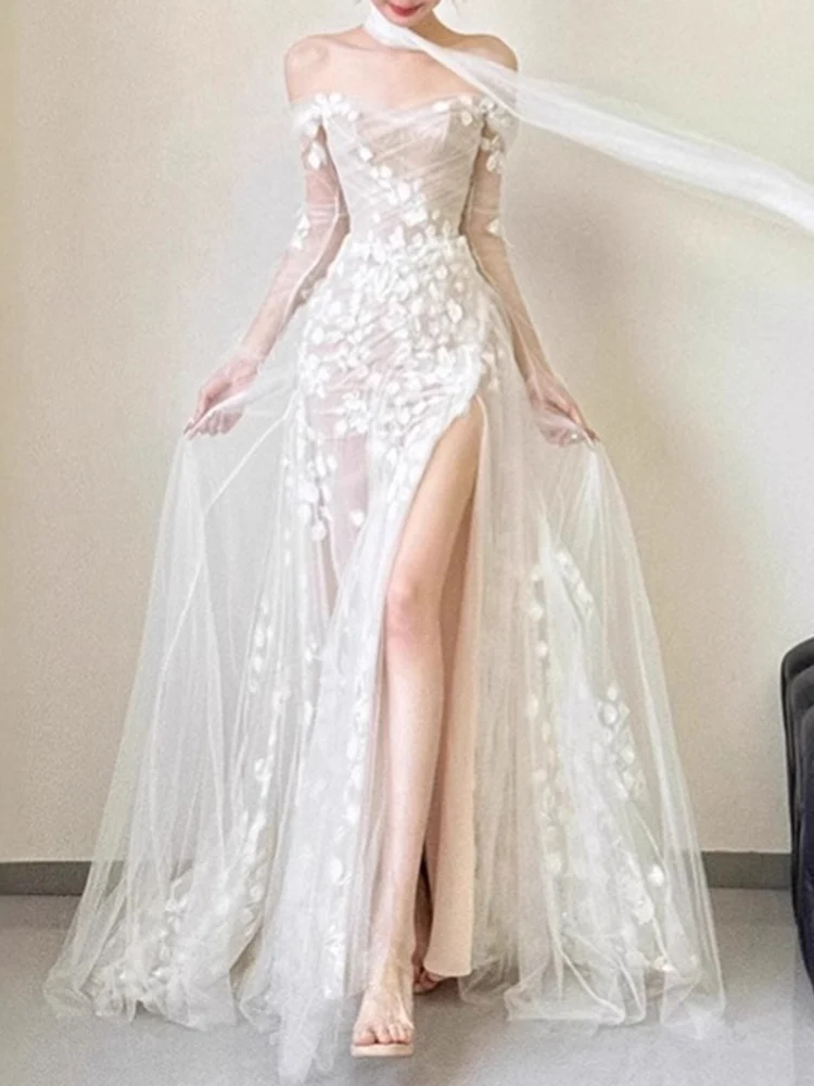 Elegant Dress Slash Neck Flower Lace Gauze Ribbon Mermaid Slim Women's Evening Party Dresses