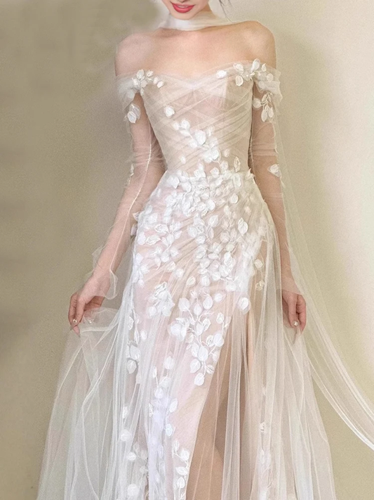 Elegant Dress Slash Neck Flower Lace Gauze Ribbon Mermaid Slim Women's Evening Party Dresses