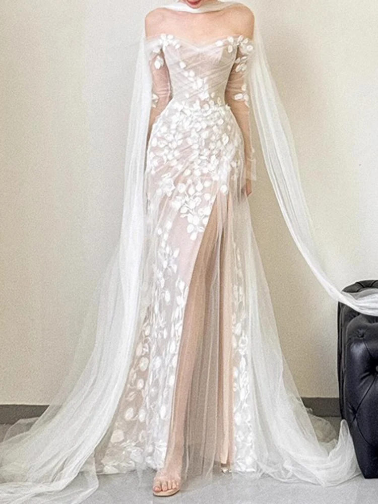 Elegant Dress Slash Neck Flower Lace Gauze Ribbon Mermaid Slim Women's Evening Party Dresses