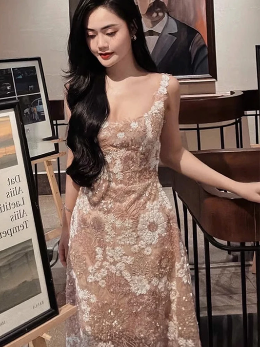 Elegant Dress Slim Flower Sequins Patchwork Lace Slim Long Women's Evening Party Dresses 2026 Summer New Fashion