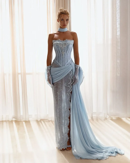 Elegant Mermaid Sky Blue Prom Dress Strapless Side Slit Sleeveless Party Gowns Floor-Length Evening Dress Customized