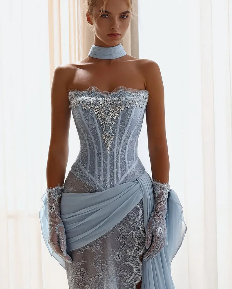 Elegant Mermaid Sky Blue Prom Dress Strapless Side Slit Sleeveless Party Gowns Floor-Length Evening Dress Customized