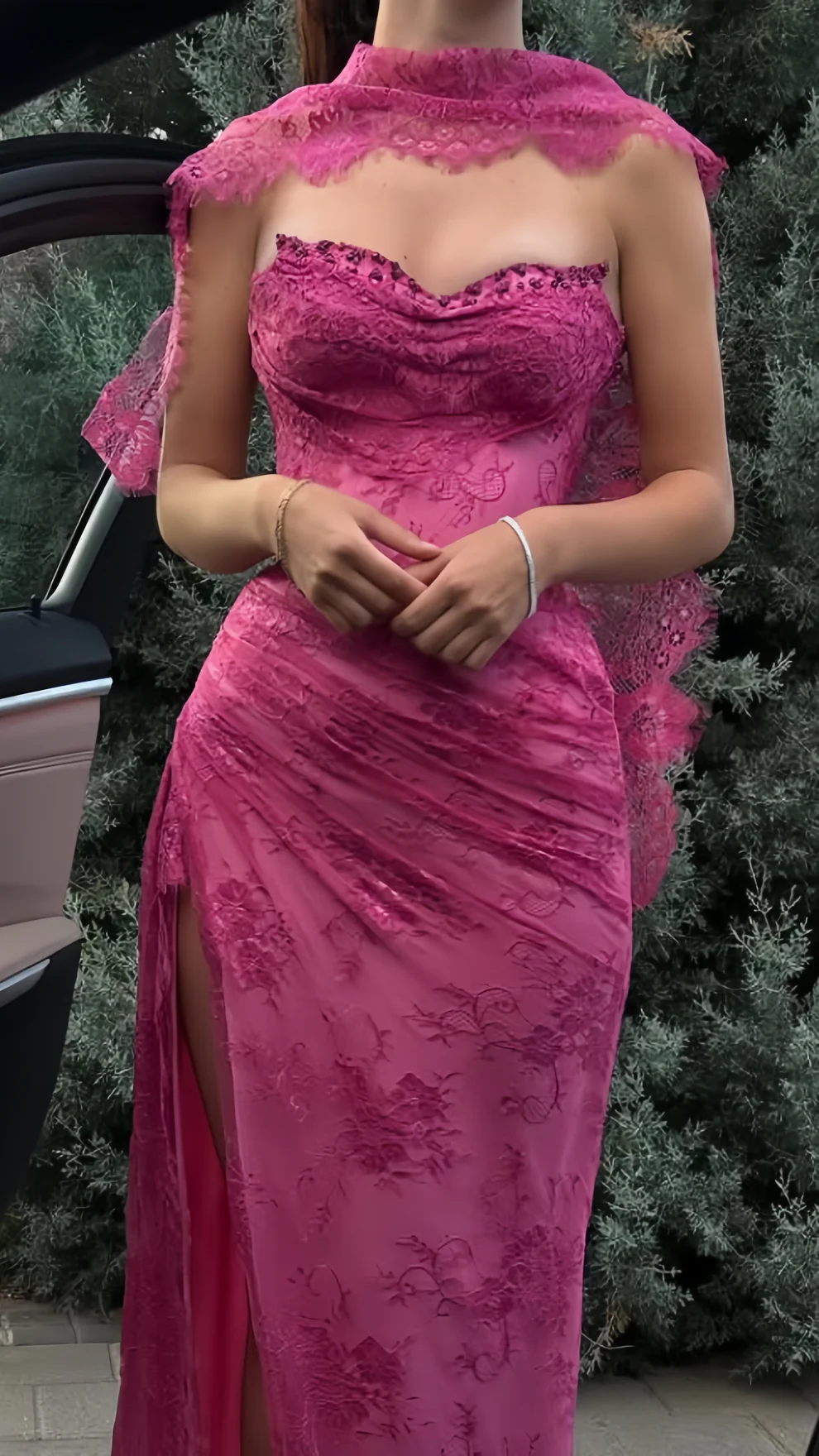 Elegant Pink Lace Mermaid Prom Dresses Long Evening Party Dress With Slit