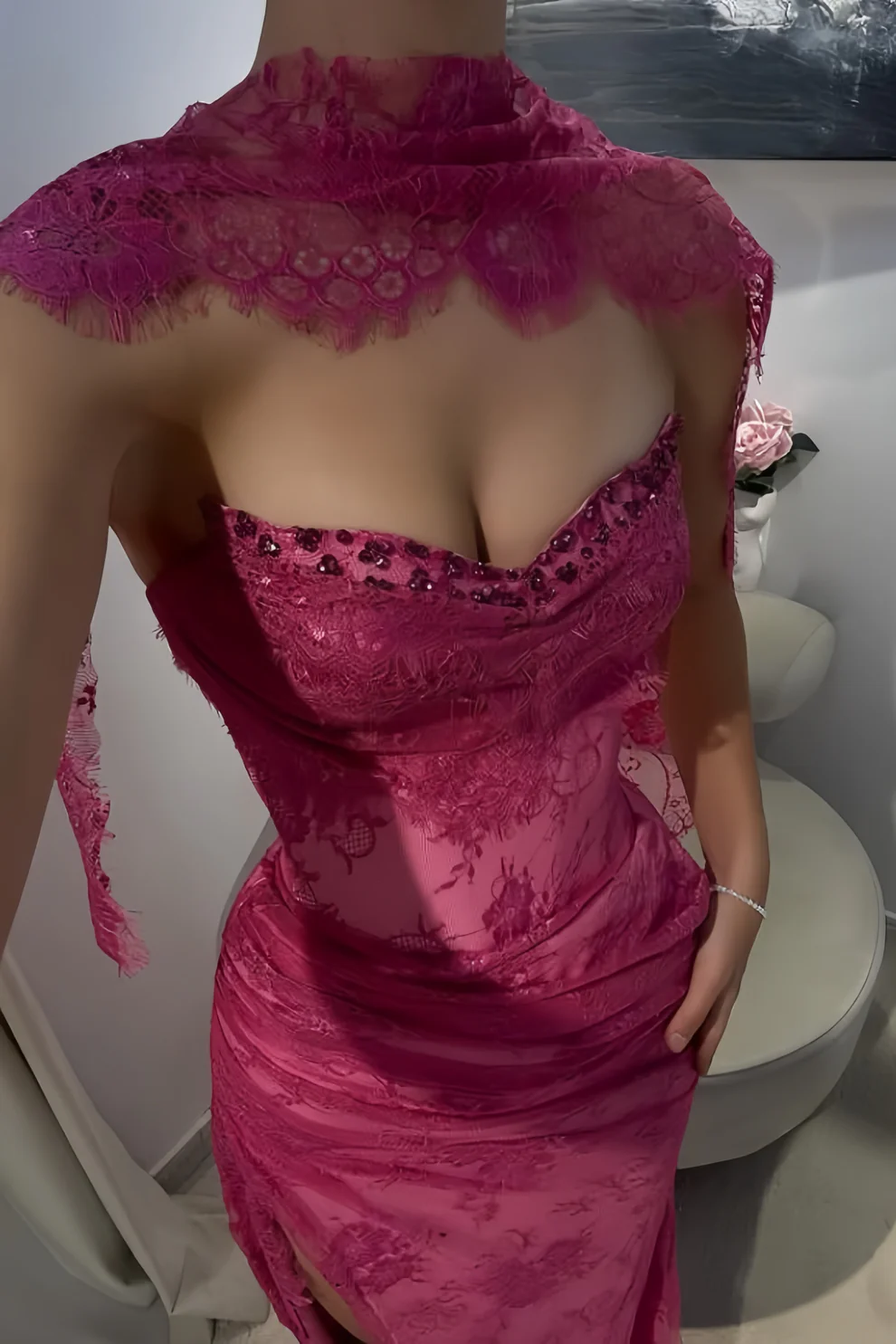 Elegant Pink Lace Mermaid Prom Dresses Long Evening Party Dress With Slit