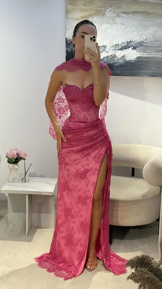Elegant Pink Lace Mermaid Prom Dresses Long Evening Party Dress With Slit