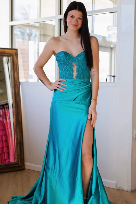 Elegant Sheath Strapless Sleeveless Appliques Beaded Pleated High Side Slit and Train Evening Formal Gown Cocktail Dress