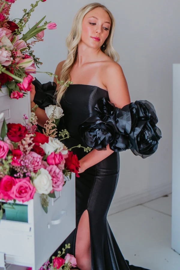 Elegant Sheath Strapless Sleeveless Detachable 3D Flowers Half Sleeves Back Zipper High Side Slit and Train Prom Party Dress Evening Formal Gown