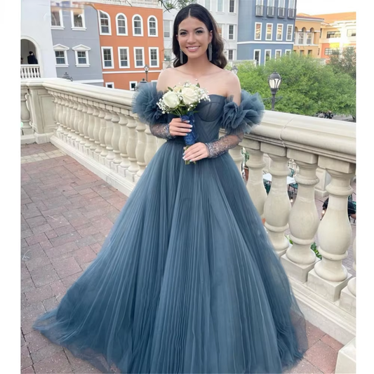 Elegant Tulle Prom Dress for Women A-Line Off the Shoulder Long Sleeves Wedding Party Gowns Formal Evening Gowns 2025