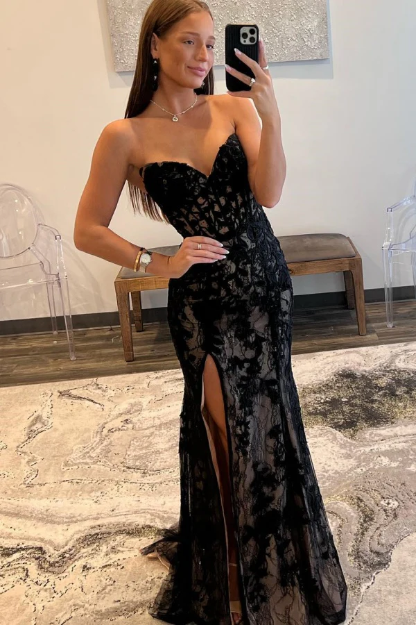 Elegant & Classic Sheath Sweetheart Neck Sleeveless Pleated Fully Lace Prom Party Dress High Side Slit and Train Lace Up Formal Evening Gown
