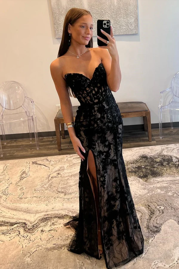 Elegant & Classic Sheath Sweetheart Neck Sleeveless Pleated Fully Lace Prom Party Dress High Side Slit and Train Lace Up Formal Evening Gown