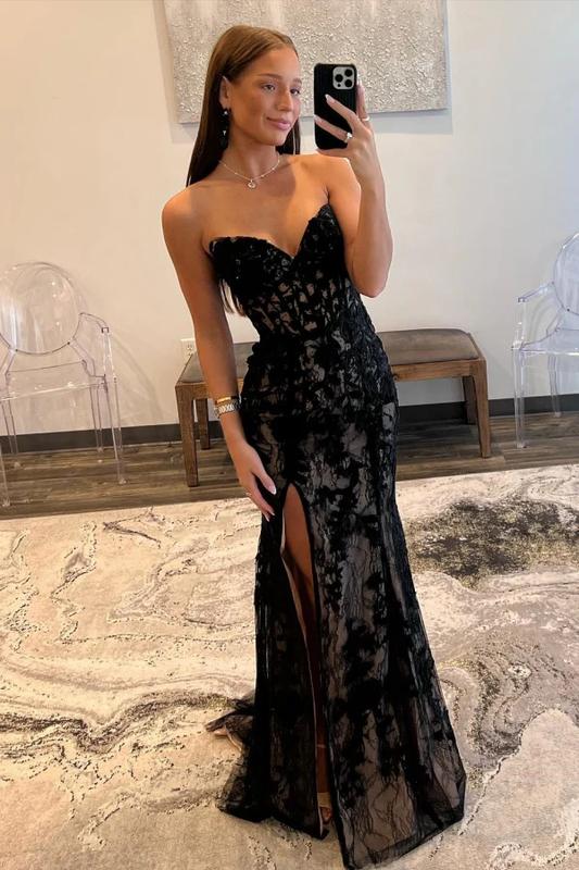 Elegant & Classic Sheath Sweetheart Neck Sleeveless Pleated Fully Lace Prom Party Dress High Side Slit and Train Lace Up Formal Evening Gown