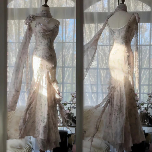 Fairytale Pink Spaghetti Straps Mermaid Evening Gowns Vintage Elegant Beaded Silk Long Prom Dress Guest Dresses